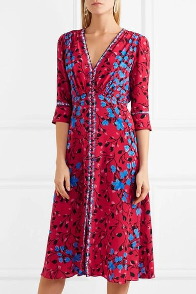 Shop Saloni Eve Floral-print Silk Crepe De Chine Midi Dress In Red