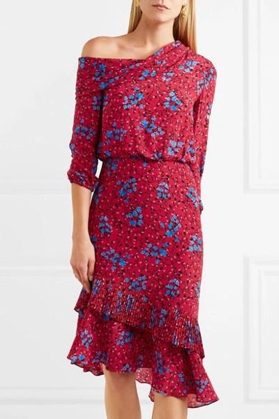 Shop Saloni Lexie Asymmetric Pleated Printed Silk Crepe De Chine Dress In Red