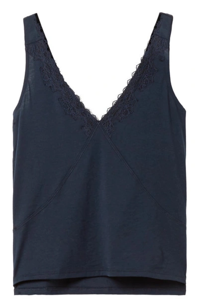 Shop Skin Quincey Lace-trimmed Organic Pima Cotton-jersey Pajama Top In Midnight Blue