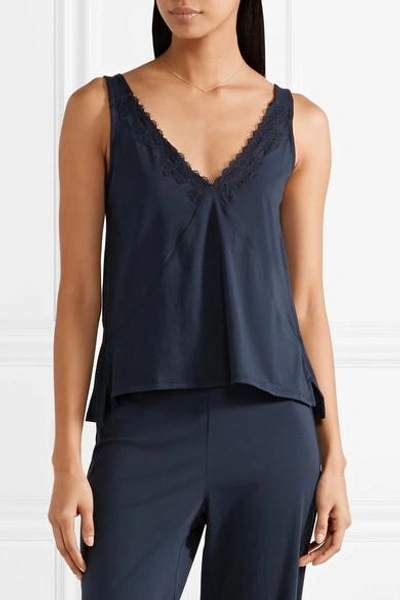 Shop Skin Quincey Lace-trimmed Organic Pima Cotton-jersey Pajama Top In Midnight Blue