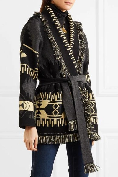 Shop Alanui Fringed Cashmere-jacquard Cardigan In Anthracite