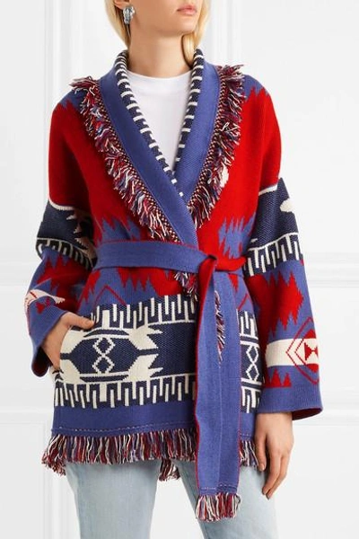 Shop Alanui Fringed Cashmere-jacquard Cardigan In Red