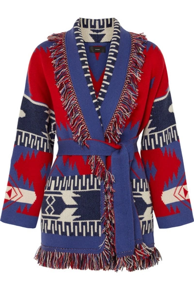 Shop Alanui Fringed Cashmere-jacquard Cardigan In Red