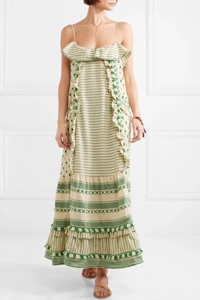 Shop Dodo Bar Or Tasseled Striped Cotton-gauze Maxi Dress In Light Green