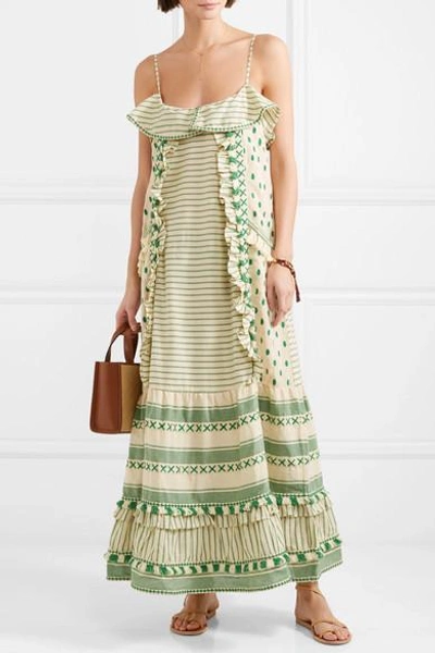 Shop Dodo Bar Or Tasseled Striped Cotton-gauze Maxi Dress In Light Green