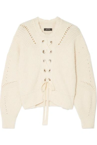 Shop Isabel Marant Lacy Lace-up Pointelle-knit Cotton-blend Sweater In Ecru