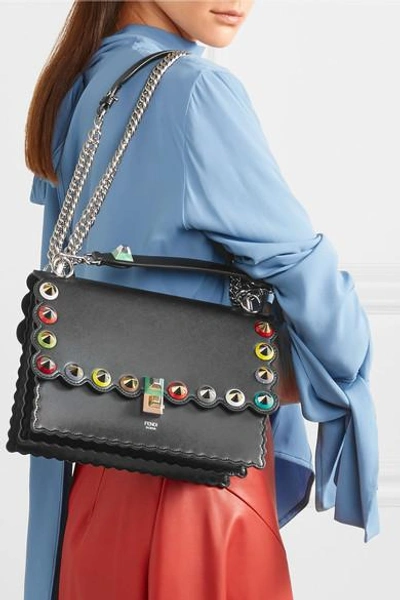 Shop Fendi Kan I Embellished Leather Shoulder Bag In Black