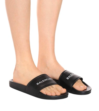 Shop Balenciaga Leather Slides In Black