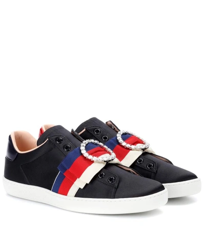 Shop Gucci Ace Embellished Satin Sneakers In Black