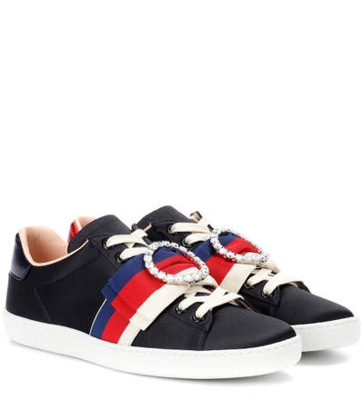 Shop Gucci Ace Embellished Satin Sneakers In Black