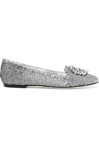 Shop Dolce & Gabbana Woman Embellished Lace-covered Mesh Ballet Flats Silver