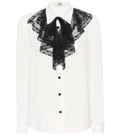 Shop Miu Miu Lace-trimmed Silk Shirt In White