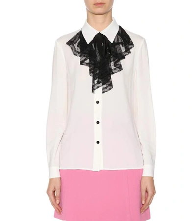 Shop Miu Miu Lace-trimmed Silk Shirt In White