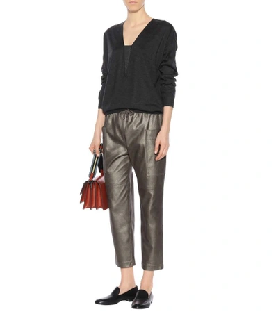 Shop Brunello Cucinelli Metallic Leather Trousers