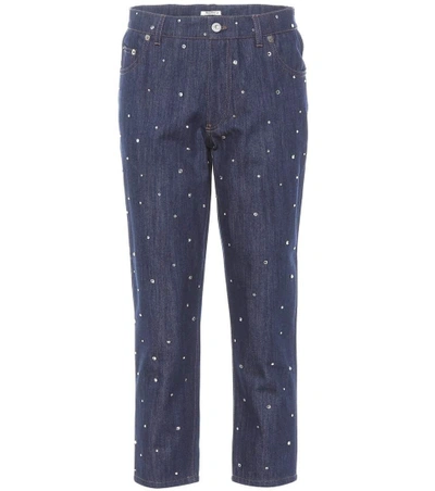 Shop Miu Miu Crystal-embellished Cropped Jeans In Blue