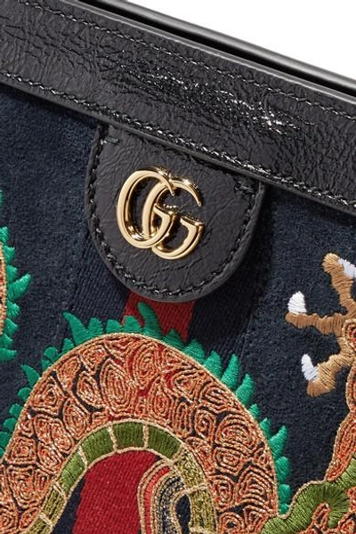 Shop Gucci Ophidia Embroidered Suede Shoulder Bag In Midnight Blue