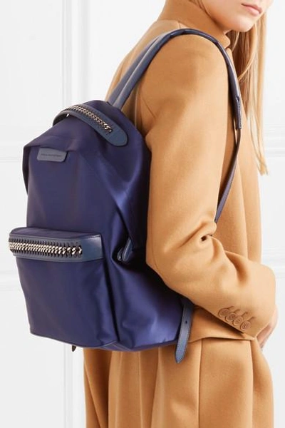 Shop Stella Mccartney The Falabella Go Faux Leather-trimmed Satin Backpack In Indigo