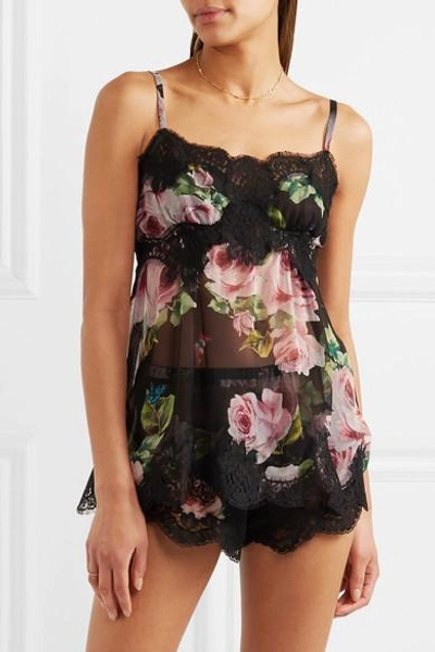 Shop Dolce & Gabbana Lace-trimmed Floral-print Silk-blend Chiffon Camisole In Black