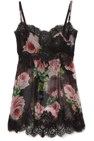 Shop Dolce & Gabbana Lace-trimmed Floral-print Silk-blend Chiffon Camisole In Black