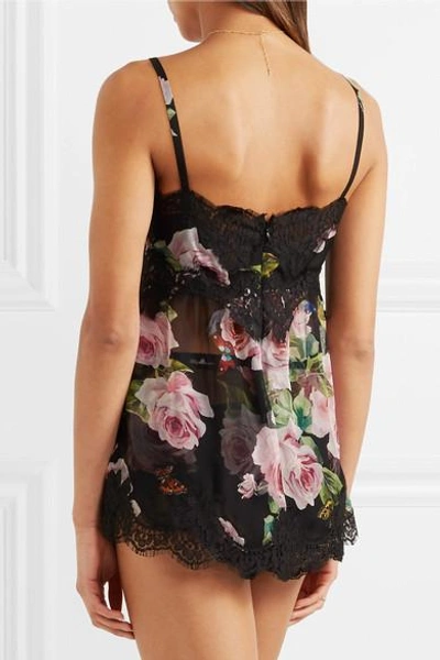 Shop Dolce & Gabbana Lace-trimmed Floral-print Silk-blend Chiffon Camisole In Black