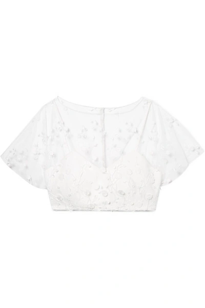 Shop Rime Arodaky Arwen Cropped Embroidered Tulle And Crepe Top In White