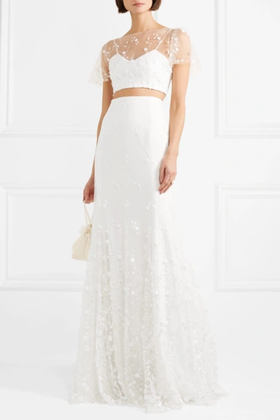 Shop Rime Arodaky Arwen Cropped Embroidered Tulle And Crepe Top In White