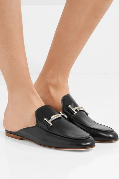 Shop Tod's Embellished Leather Slippers In Black