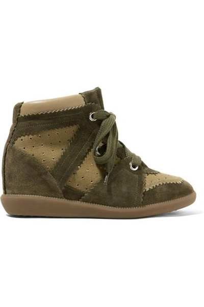 Shop Isabel Marant Bobby Perforated Canvas And Suede Wedge Sneakers In Army Green