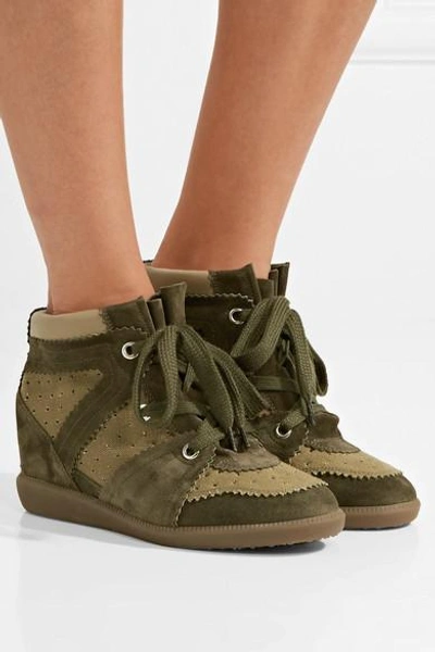 Shop Isabel Marant Bobby Perforated Canvas And Suede Wedge Sneakers In Army Green