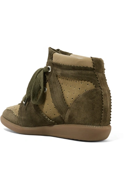 Shop Isabel Marant Bobby Perforated Canvas And Suede Wedge Sneakers In Army Green
