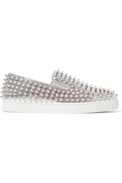 Shop Christian Louboutin Roller Boat Spiked Metallic Textured-leather Slip-on Sneakers In Silver