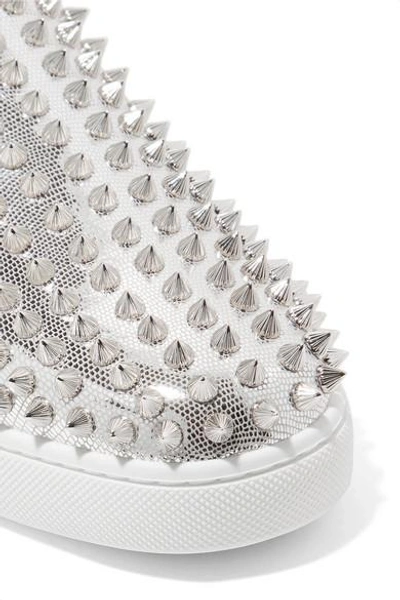 Shop Christian Louboutin Roller Boat Spiked Metallic Textured-leather Slip-on Sneakers In Silver