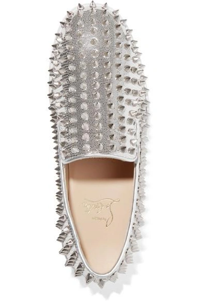 Shop Christian Louboutin Roller Boat Spiked Metallic Textured-leather Slip-on Sneakers In Silver