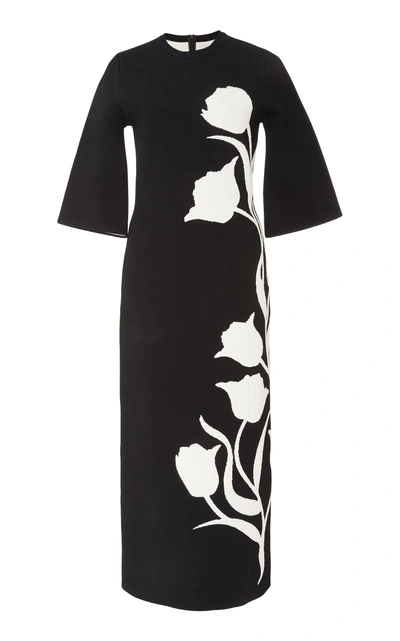 Shop Carolina Herrera Long Sleeve Tulip Jacquard Midi Dress In Black