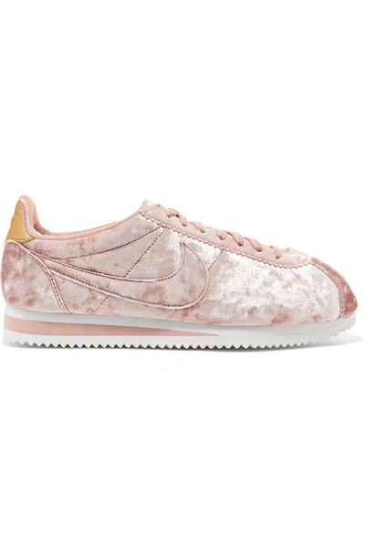 Shop Nike Classic Cortez Crushed-velvet Sneakers In Antique Rose