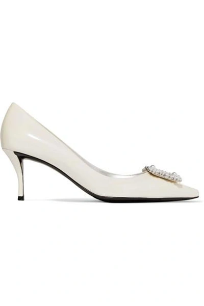 Shop Roger Vivier Flower Faux Pearl-embellished Iridescent Patent-leather Pumps In White