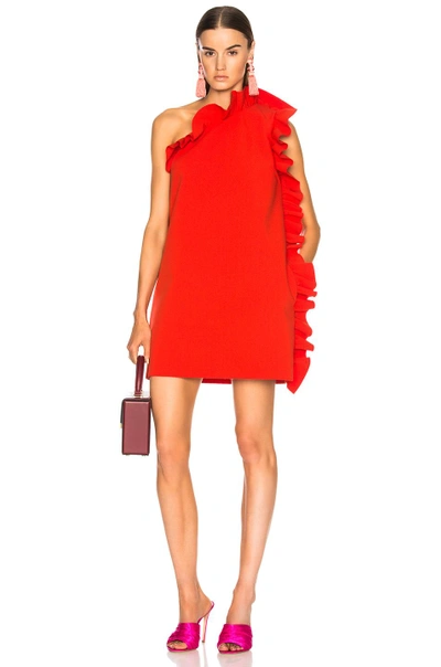Shop Msgm One Shoulder Ruffle Dress In Red