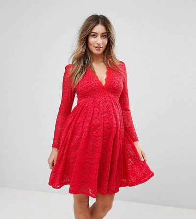 Shop Queen Bee Allover Geo Lace Full Prom Skater Dress With Plunge Front - Red