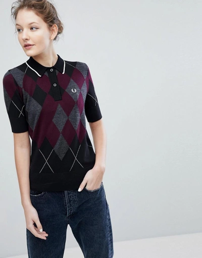 Shop Fred Perry Argyle Knitted Polo - Black