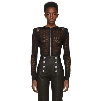 Shop Balmain Black Mesh Bodysuit In C0100 Noir