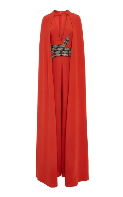 Shop Cucculelli Shaheen Marcasite Diamondback Cape Jumpsuit In Red