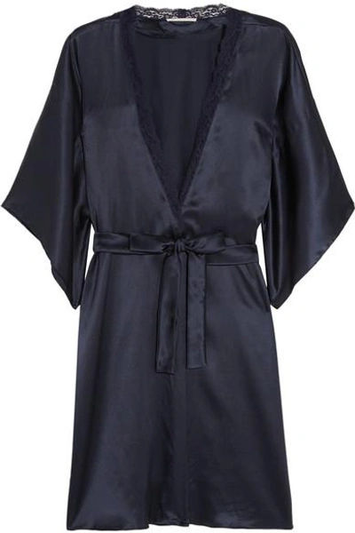 Shop Stella Mccartney Clara Whispering Lace-trimmed Silk Robe In Midnight Blue