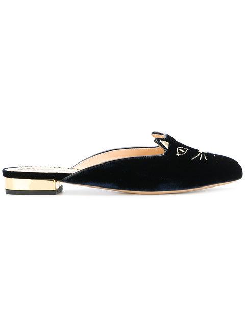 Charlotte Olympia Kitty Cat Face-embroidered Velvet Backless Loafers In ...