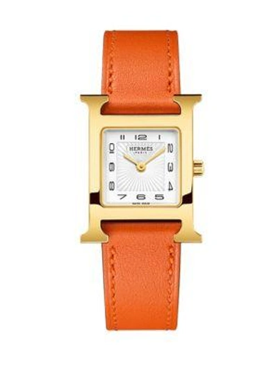Shop Hermès Watches Heure H 23mm Goldplated & Leather Strap Watch In Orange