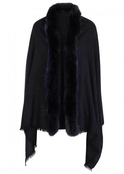 Shop Ama Pure Midnight Blue Fur-trimmed Wool Scarf In Navy