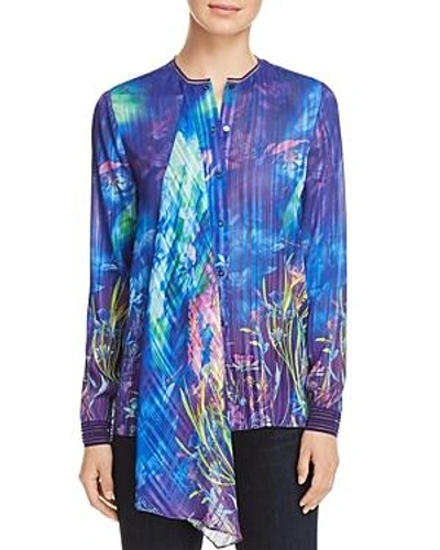 Shop T Tahari Ishma Printed Ruffle Front Blouse In Blueberry
