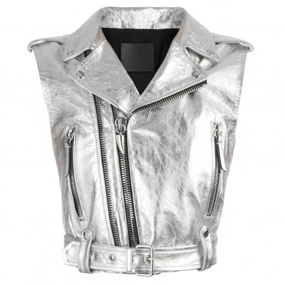 Shop Giuseppe Zanotti - Leather Sleeveless Jacket Amelia Bright In Silver