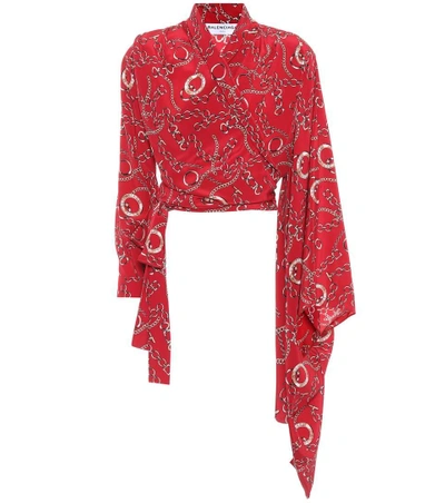 Shop Balenciaga Printed Silk Wrap Blouse In Red