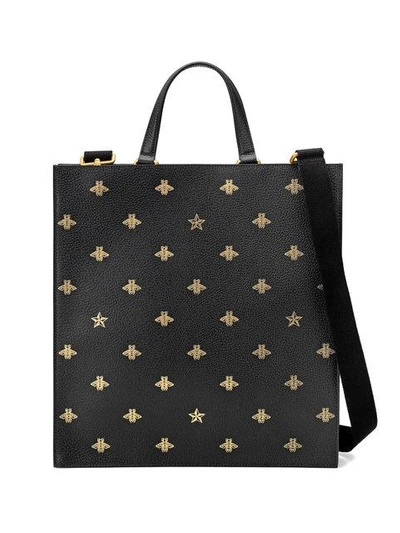 Shop Gucci Bee Star Leather Tote - Black