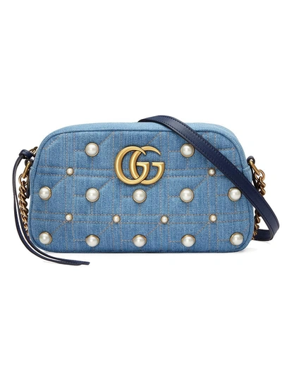 Shop Gucci Gg Marmont Denim Small Shoulder Bag In Blue